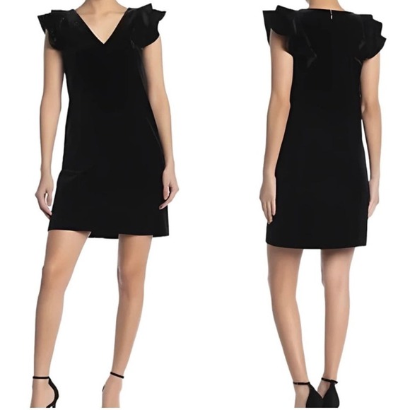 Draper James Women's Velvet Ruffle Shoulder Mini Dress V Neck Black Sizes 0 - Picture 1 of 12